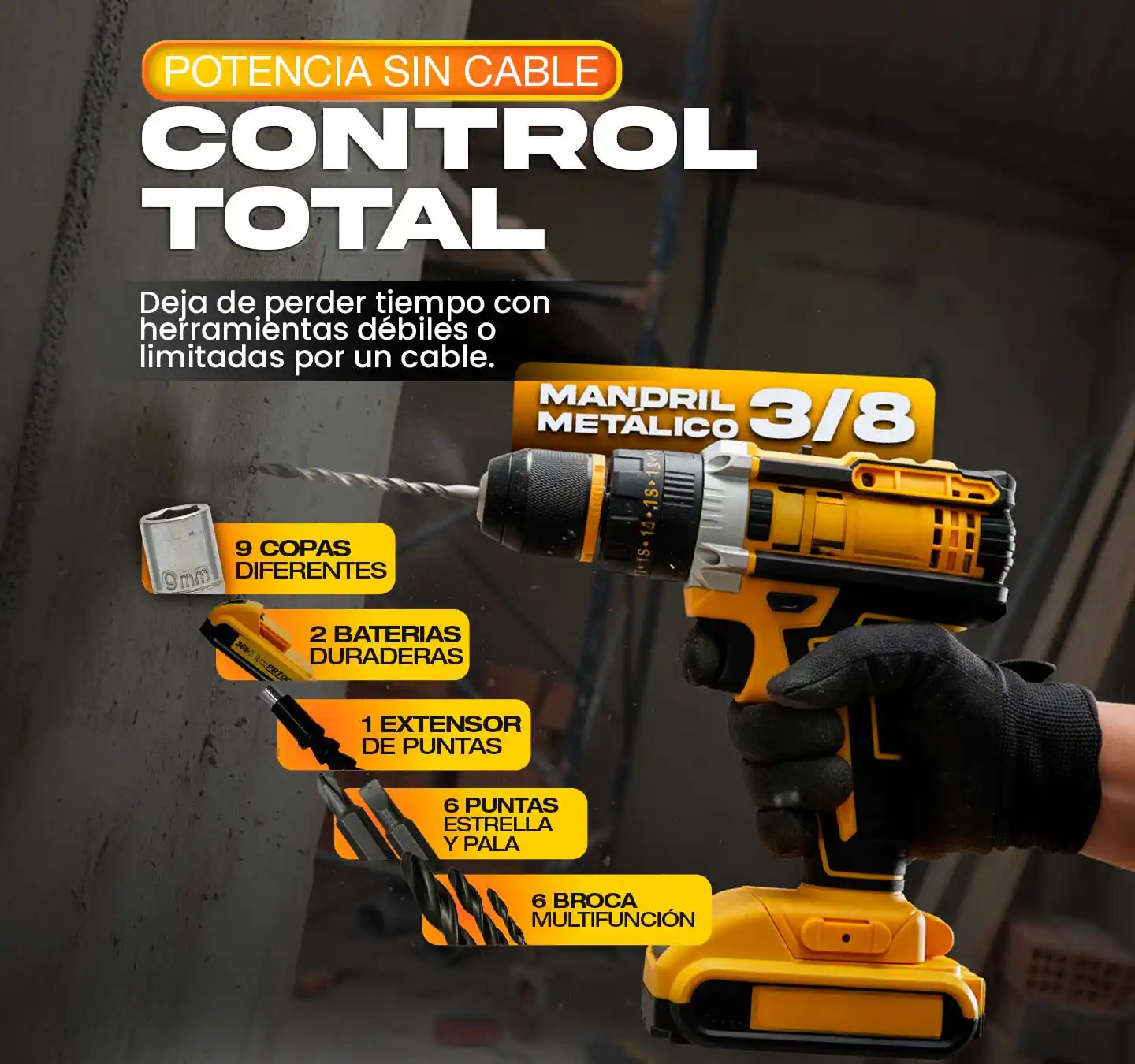 Taladro inalámbrico con mandril metálico de 3/8