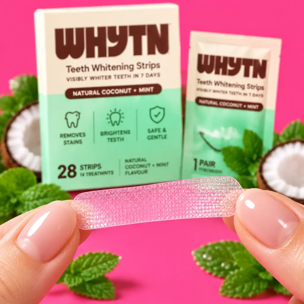 Hand holding a WHYTN strip with coconut and mint