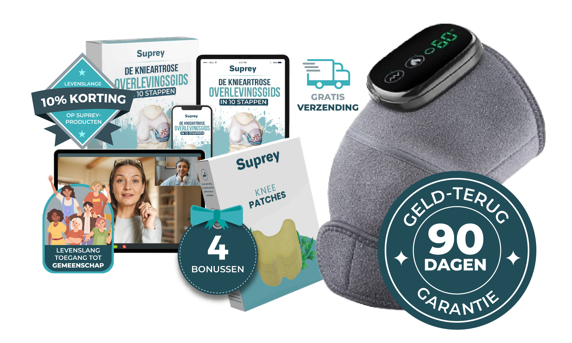 Health product bundle featuring knee patches, guides, and a digital event.