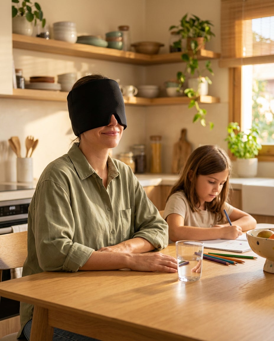 Mujer usando el gorro CoolRelief para aliviar la migraña