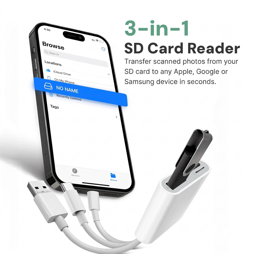 3-in-1 SD card reader connected to a phone