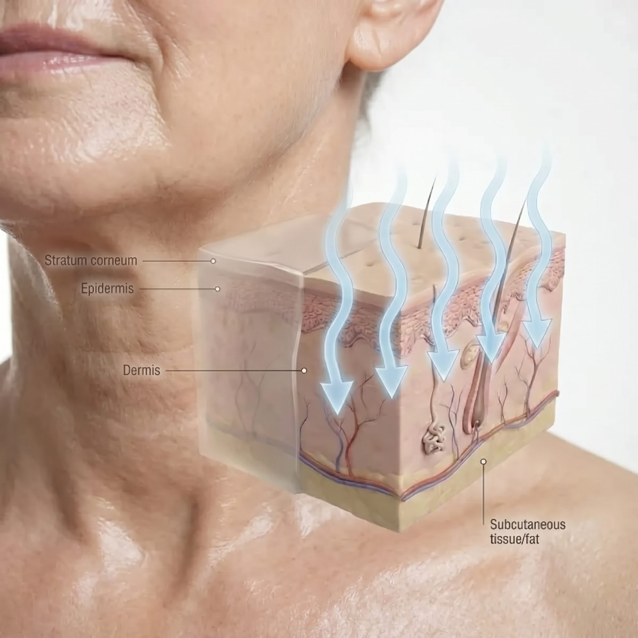 Illustration showing skin layers and topical moisture application