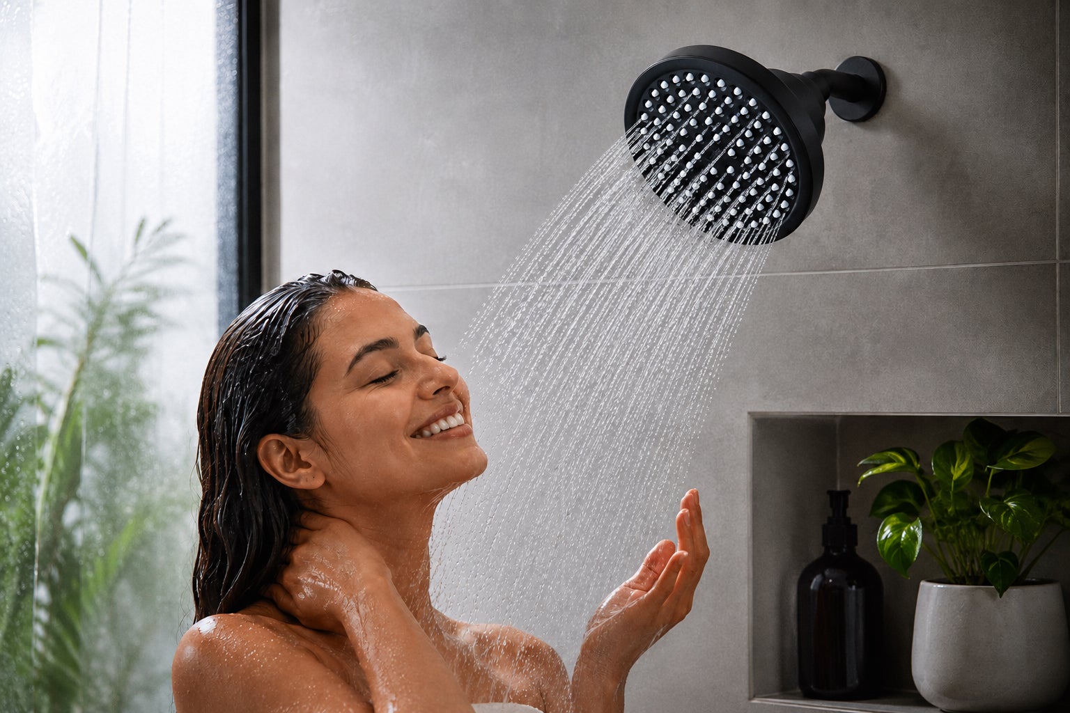 Person enjoying a filtered Lucinn shower