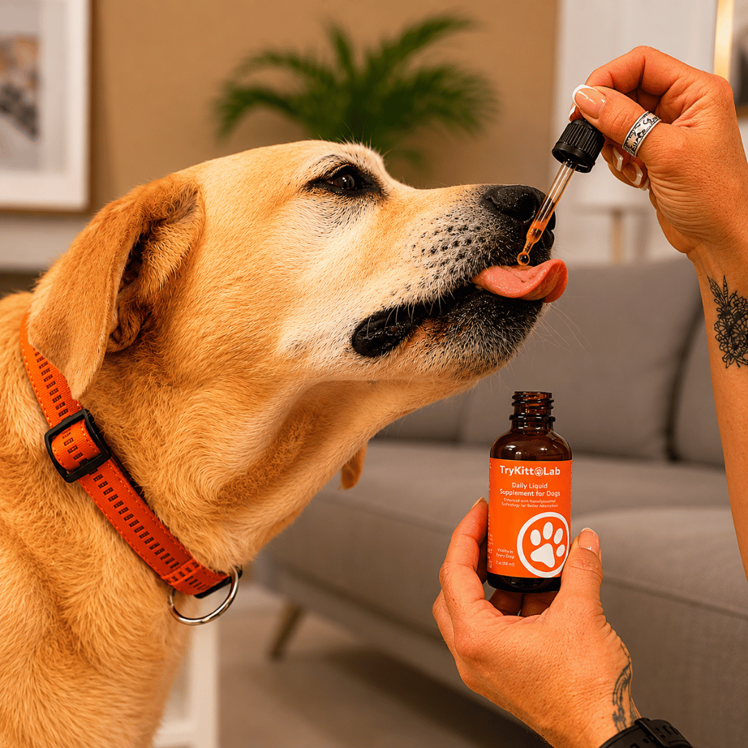 Dog taking TryKitto supplement