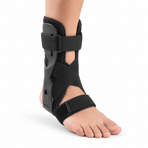 A bulky rigid medical-style ankle brace
