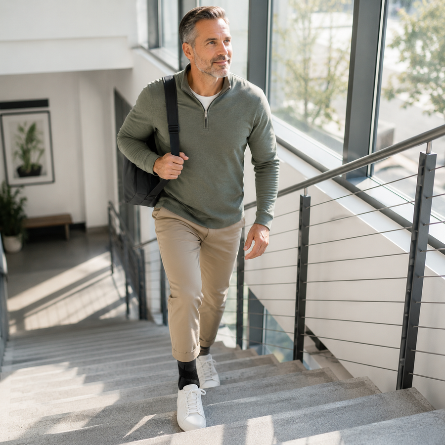 Adult confidently taking the stairs wearing the ankle wrap