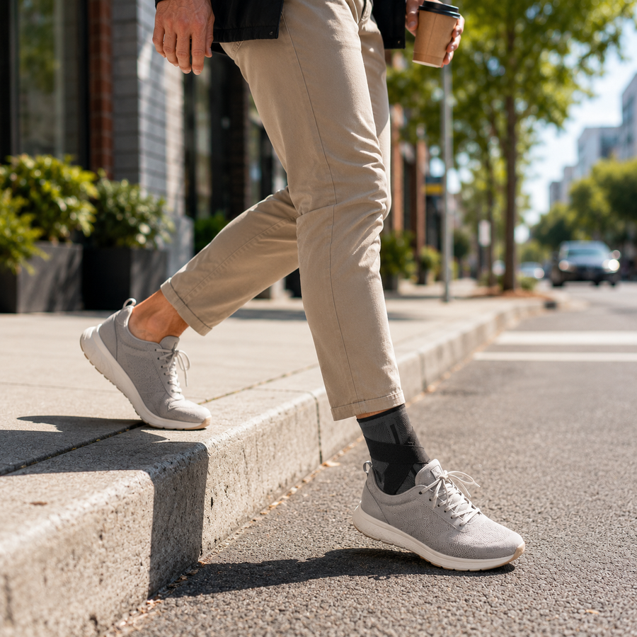 Adult stepping off a curb with steady footing wearing the ankle wrap