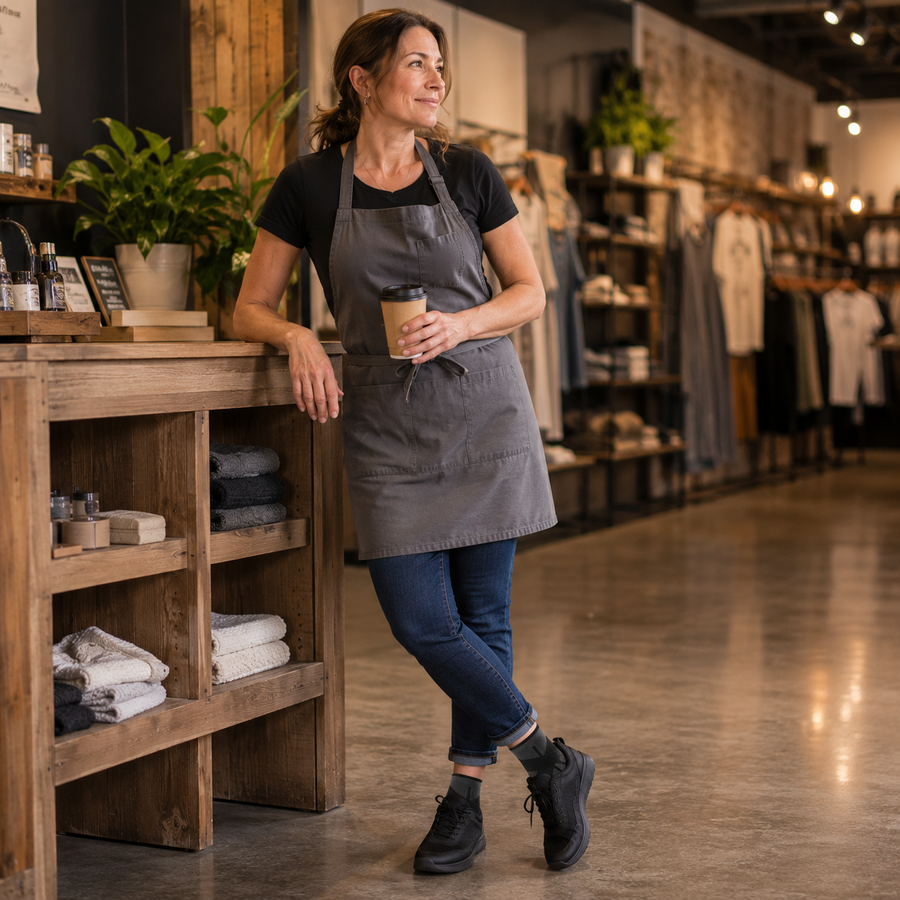 Worker on their feet at the end of a long shift wearing the ankle wrap