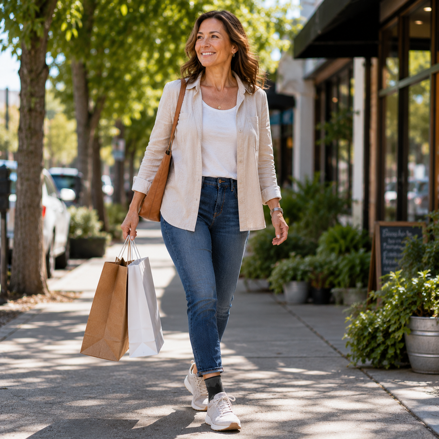Adult walking and running errands wearing the ankle wrap