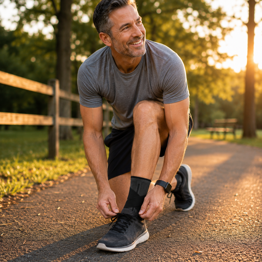 Adult staying active outdoors wearing the ankle wrap