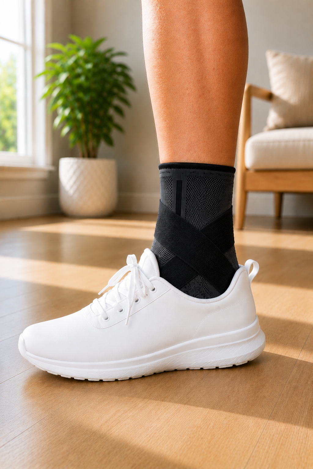 Person wearing the slim MotionGuard ankle support wrap with a sock and sneaker in a bright modern home
