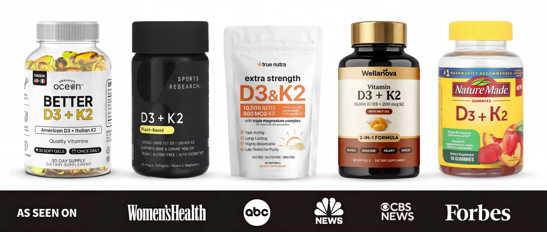 The top Vitamin D3 + K2 supplements compared, as seen on Women's Health, ABC, NBC News, CBS News and Forbes