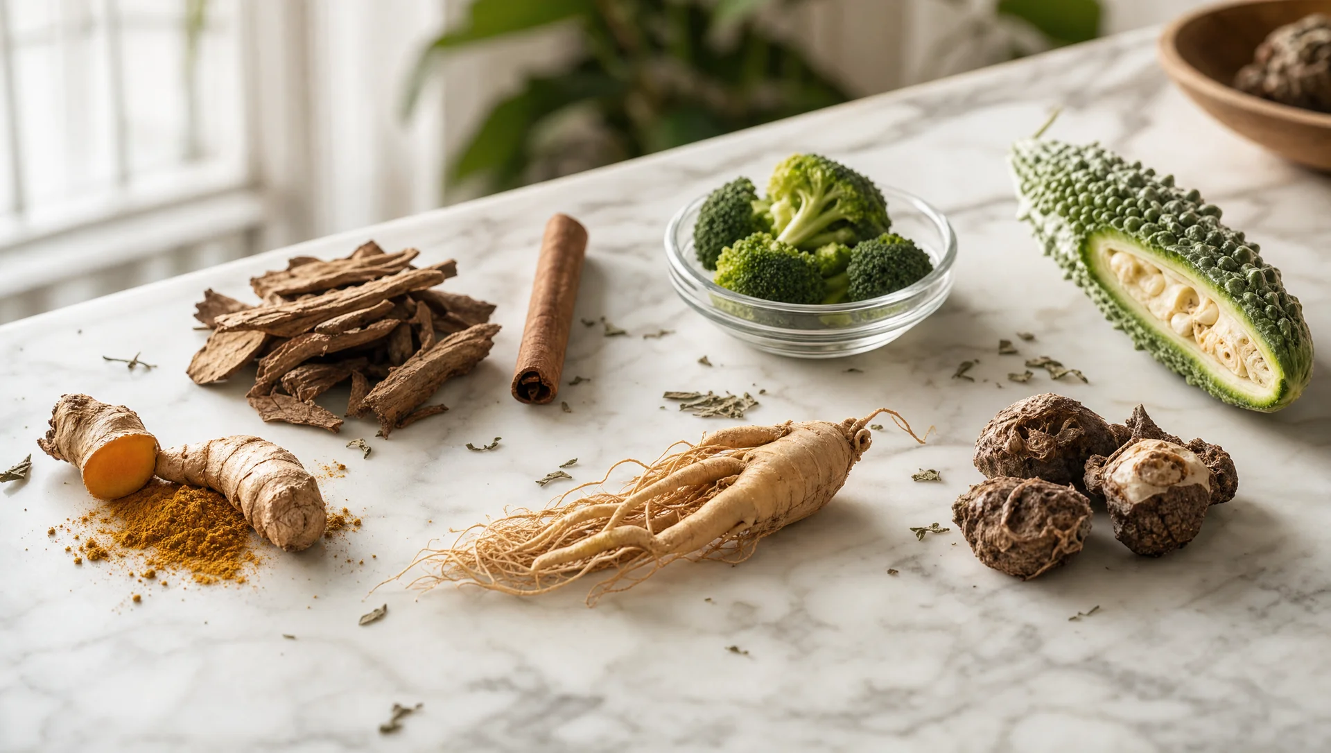 Seven natural blood sugar ingredients arranged on a marble surface