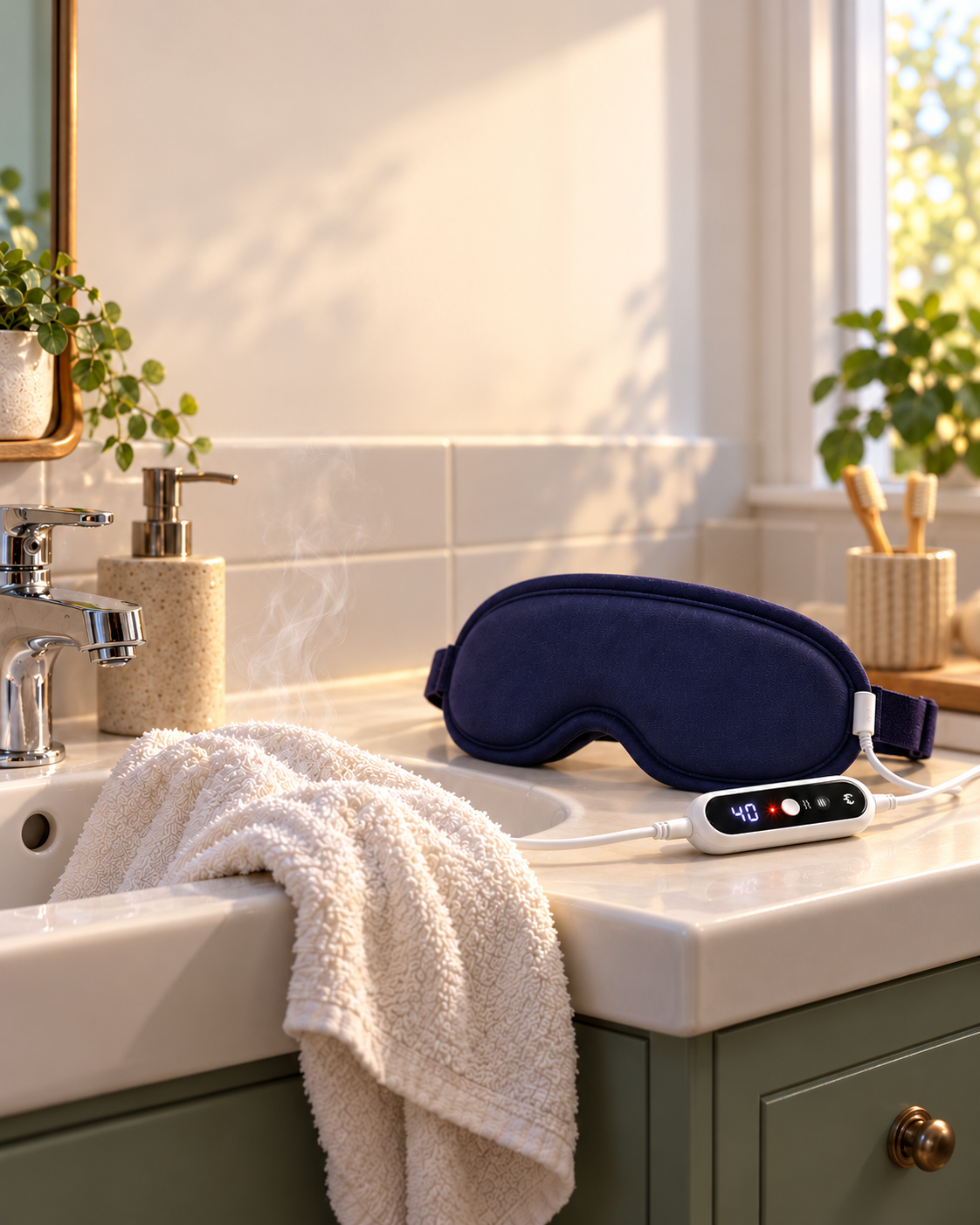 ThermaEye beside a flannel on a bathroom sink
