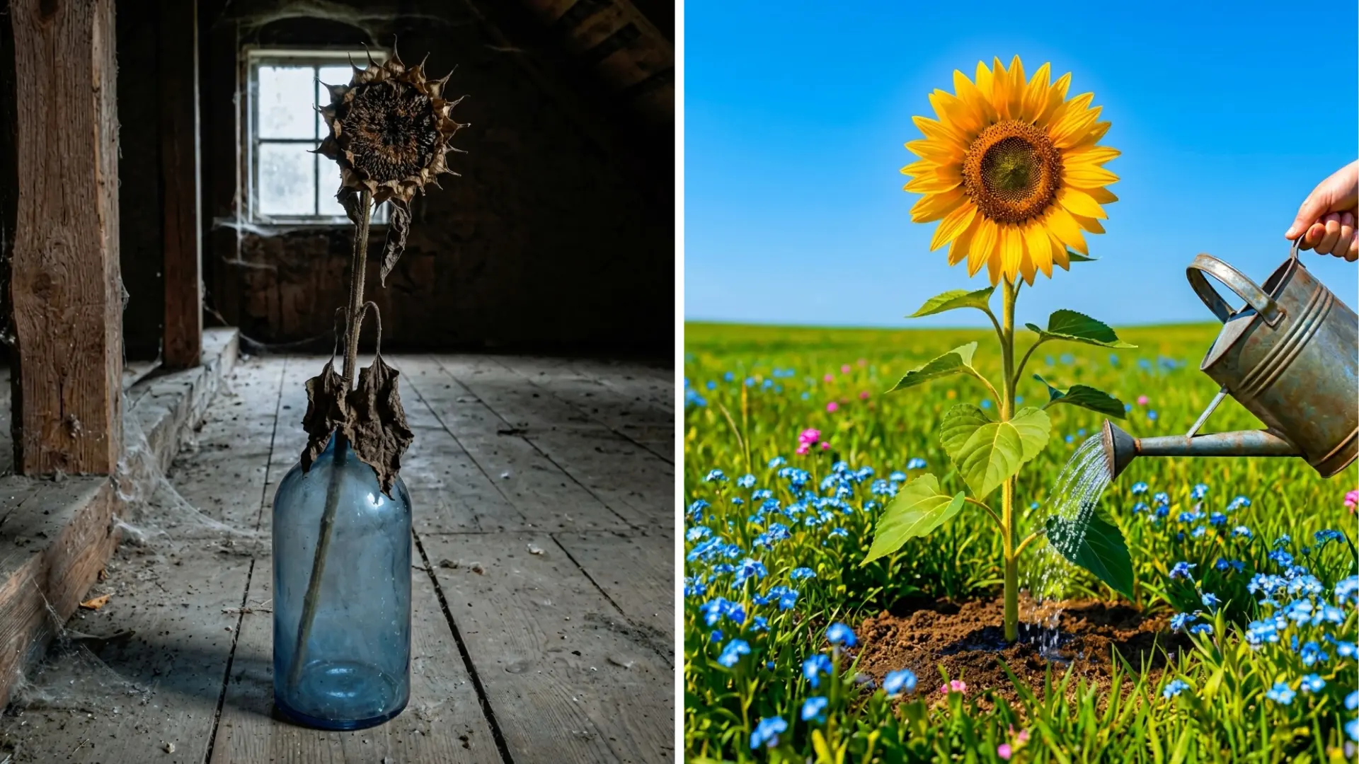 Visnet blomst på et mørkt loft ved siden av en solsikke som blir vannet