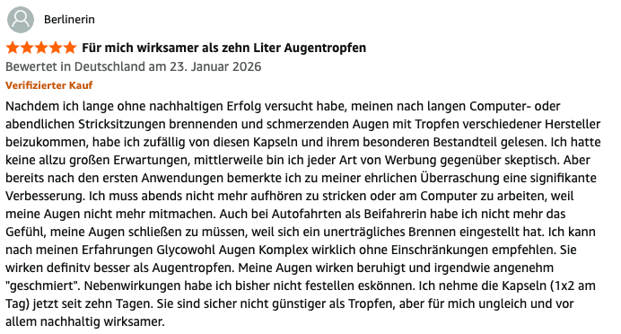 Verifizierter Kauf: Ausgezeichnete Augenfeuchtigkeit