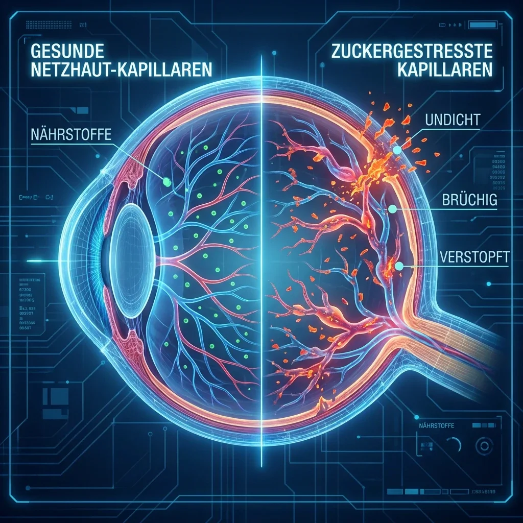 Grafik: Gesunde vs. zuckergestresste Netzhaut-Kapillaren