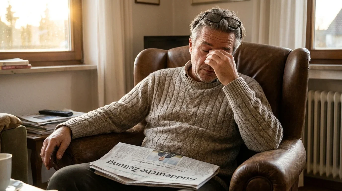 Müde, verschwommene Augen beim Lesen der Zeitung bei erhöhtem Blutzucker