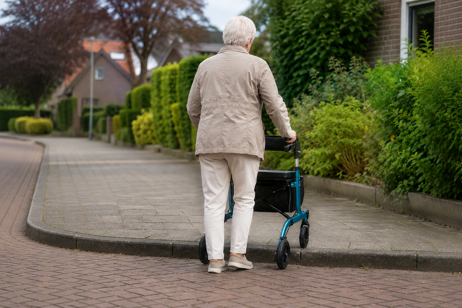 De TrueSafe rollator op de stoep