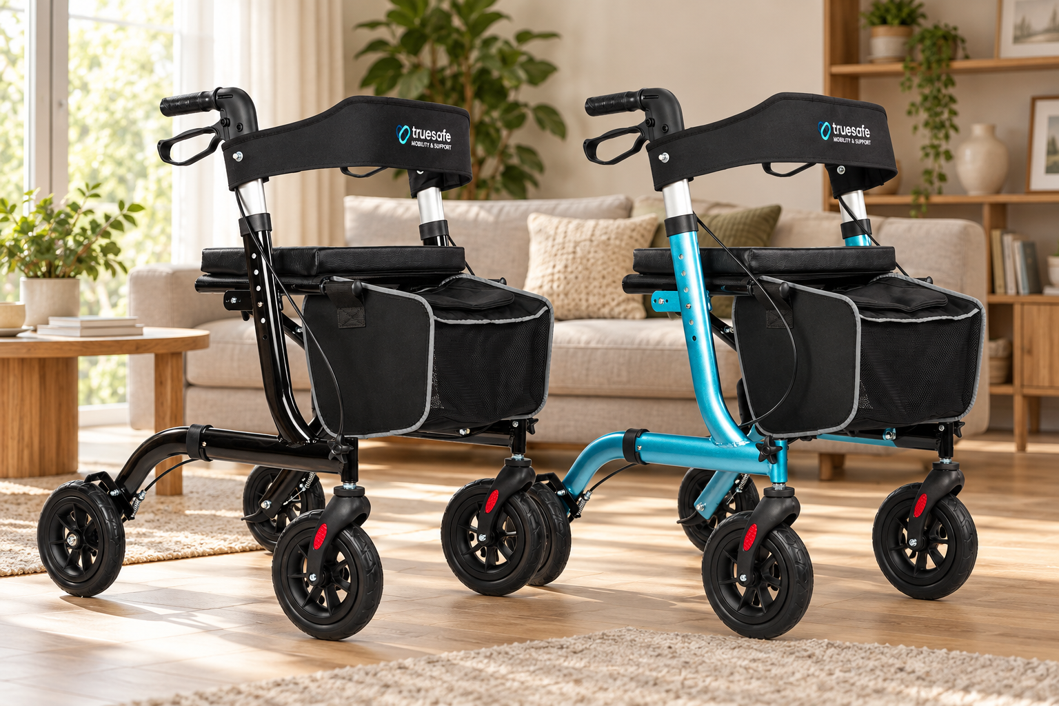 De TrueSafe rollator in zwart en blauw