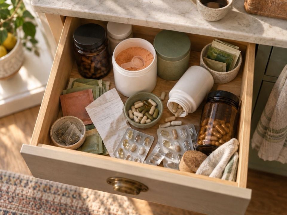 A kitchen drawer of half-used fiber tubs, probiotics and gas pills
