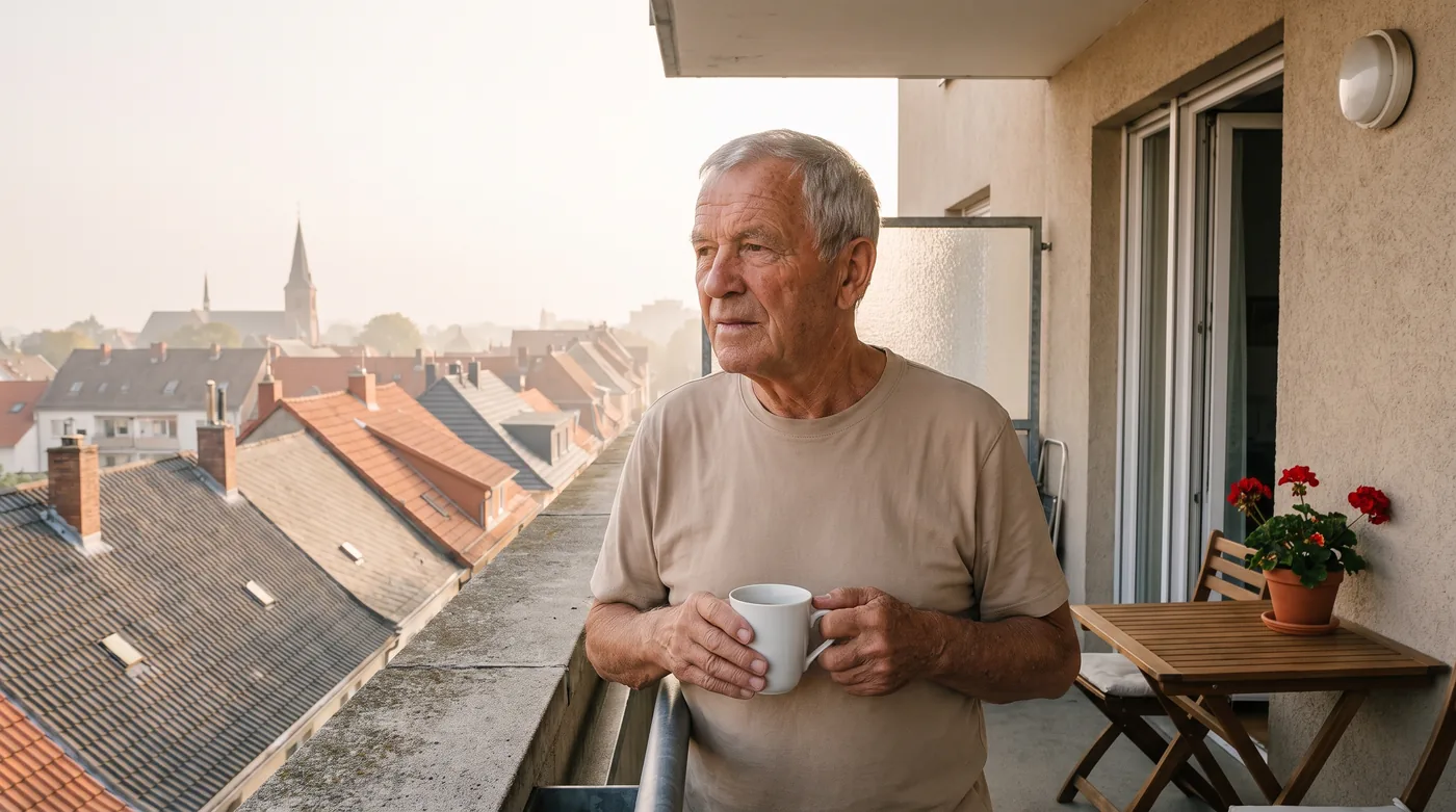 Mann um 70 auf dem Balkon einer Mietwohnung, Kaffeetasse in der Hand, entspannter Blick über Dächer, Gesicht im oberen D