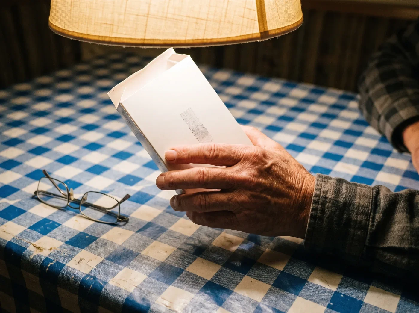 Hand eines Mannes um 68 hält die Rückseite einer namenlosen Tablettenpackung unter die Küchenlampe, die Lesebrille liegt