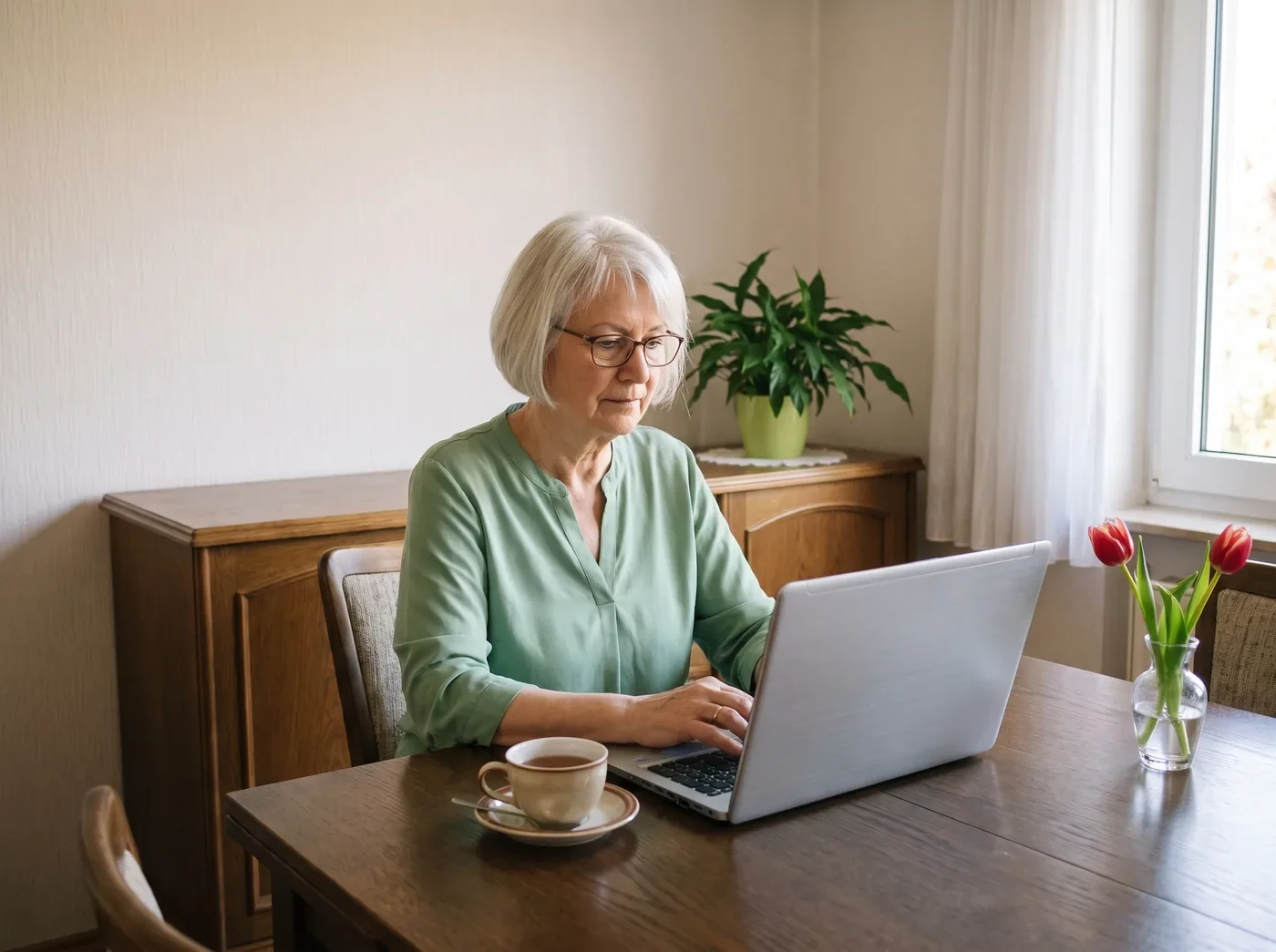 Frau um 68 sitzt am Esstisch einer deutschen Wohnung und schreibt eine E-Mail am Laptop, Lesebrille auf der Nase, ruhig,