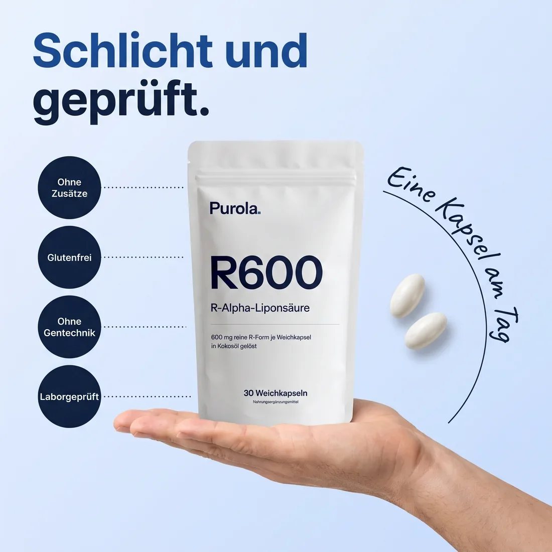 Offene Hand trägt den Beutel Purola R600, glutenfrei und laborgeprüft