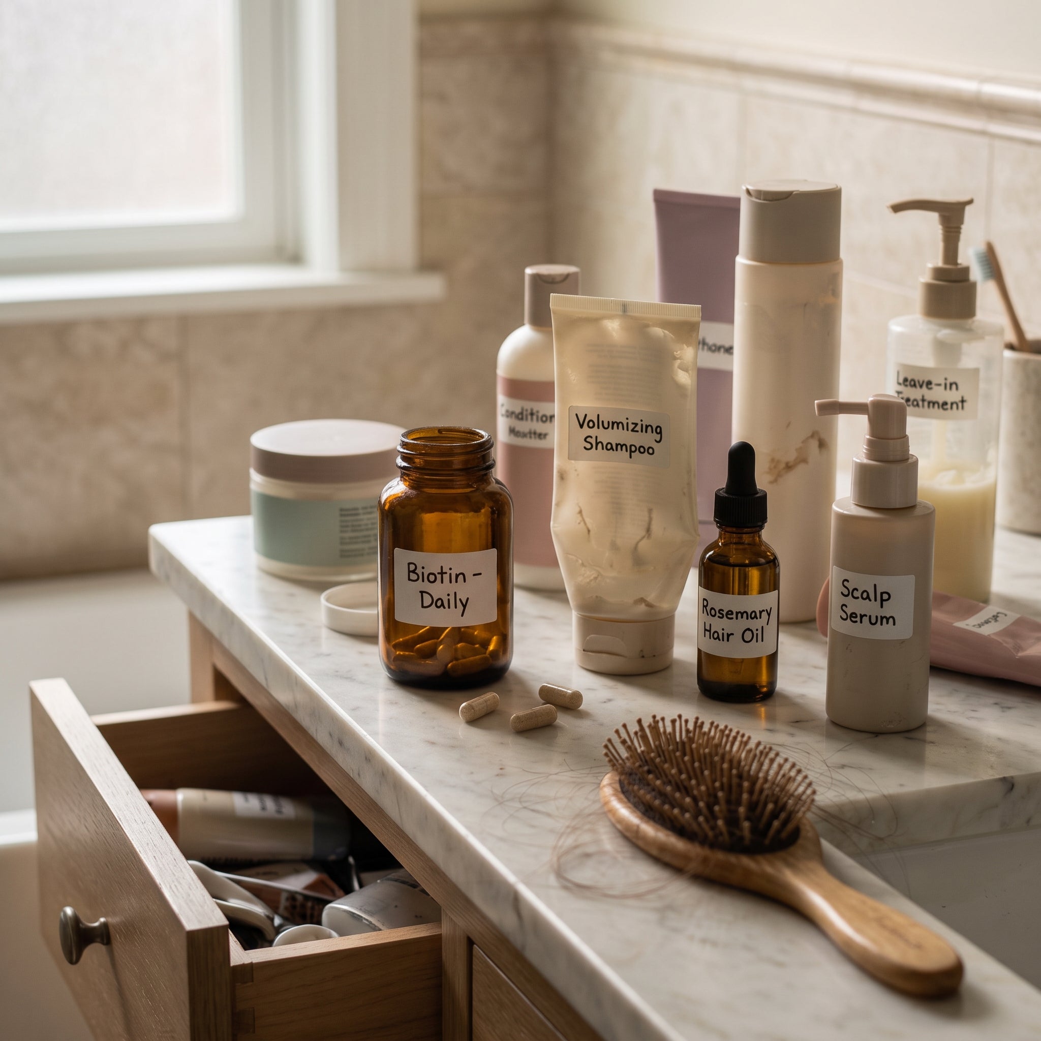 Crowded collection of hair-care products representing common hair-thinning solutions