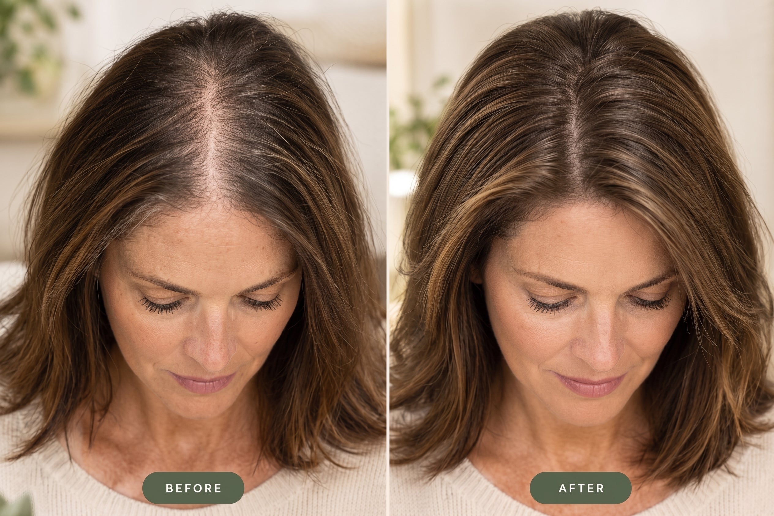 Illustrative comparison of a wider hair part and a fuller-looking hair part