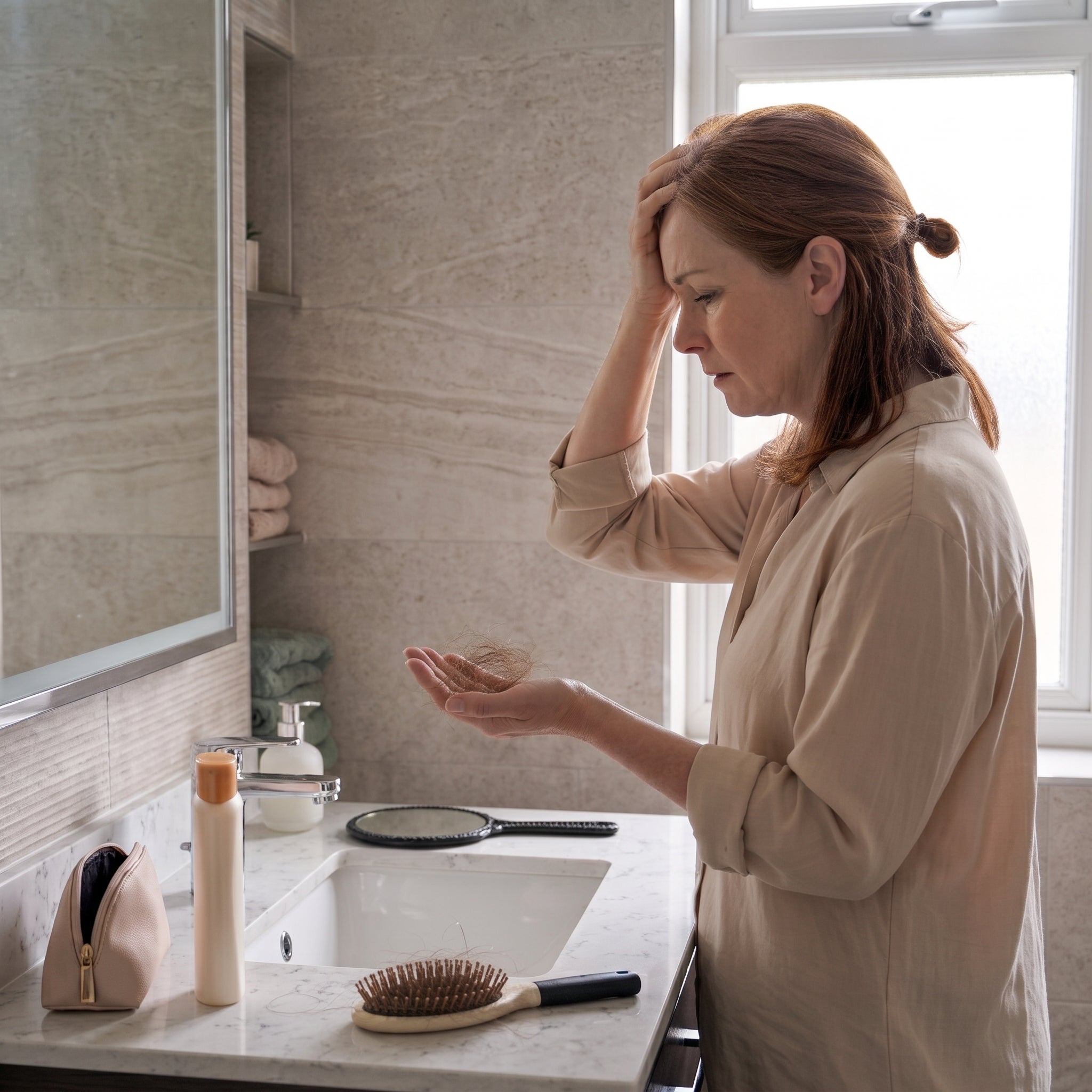 Woman examining shed hair in a bathroom