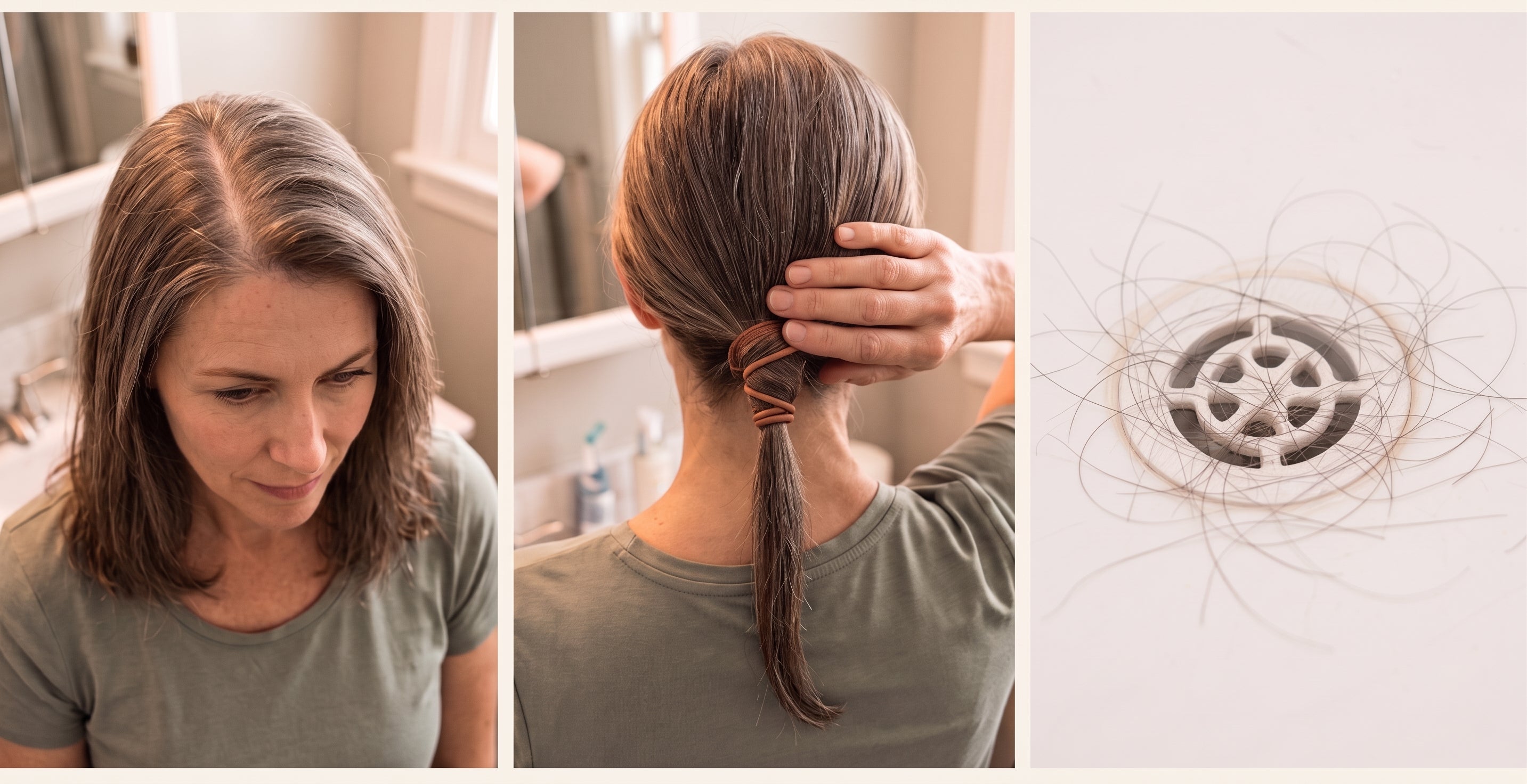 Common signs of perimenopause-related hair changes: wider part, thinner ponytail, and shedding