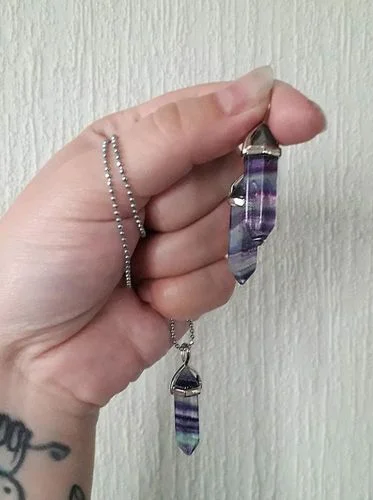 Linda wearing her fluorite necklace