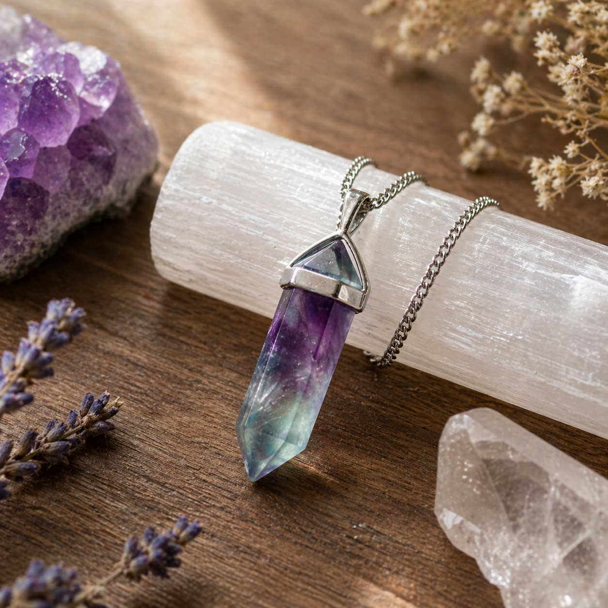 Fluorite necklace on selenite