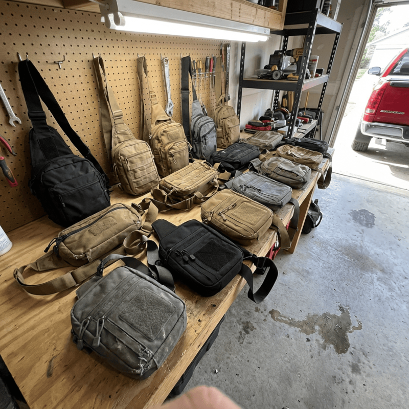 20+ sling bags laid out in workshop for field testing