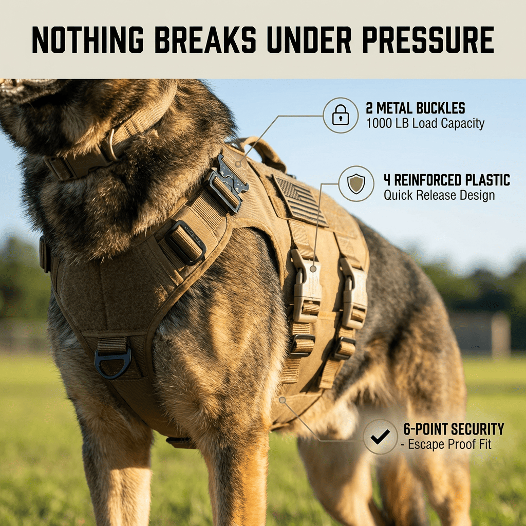 Nothing breaks under pressure - 2 metal buckles, 4 reinforced plastic, 6-point security