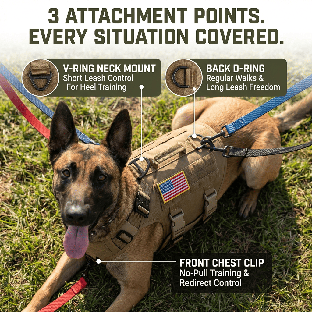 3 attachment points - V-ring, back D-ring, front chest clip