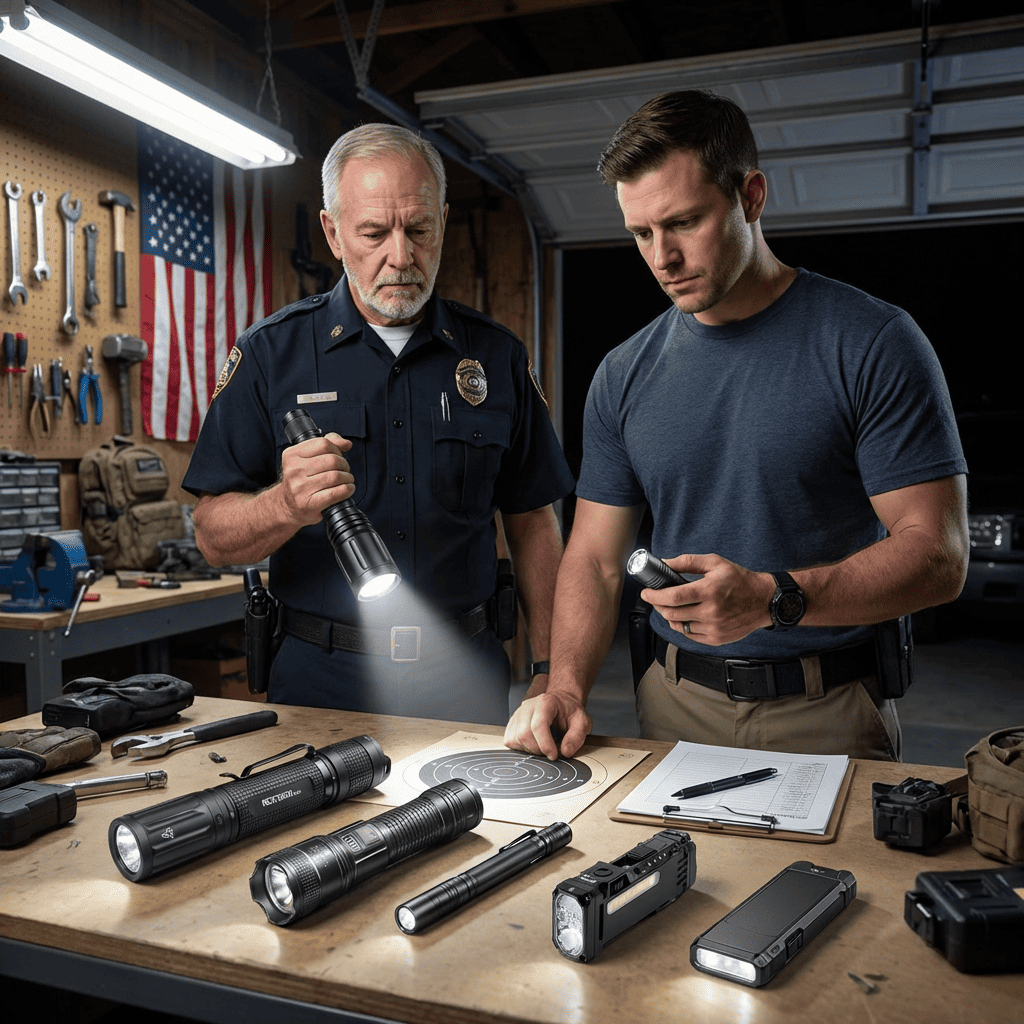 Officer testing flashlights with son