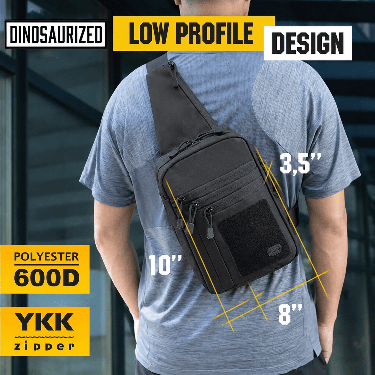 Raptor sling bag worn low profile over a t-shirt, 10 x 8 x 3.5 inches