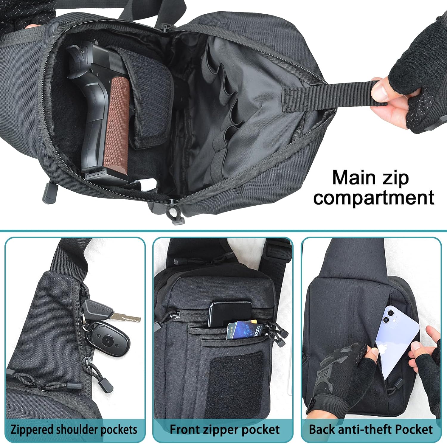 Raptor sling bag compartments: main zip, shoulder pockets, front pocket, anti-theft back pocket
