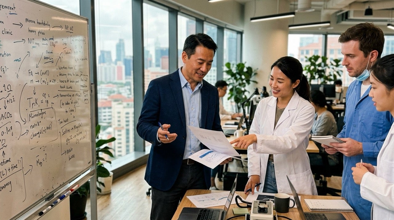 Research team discussing supplement formulation data in modern office