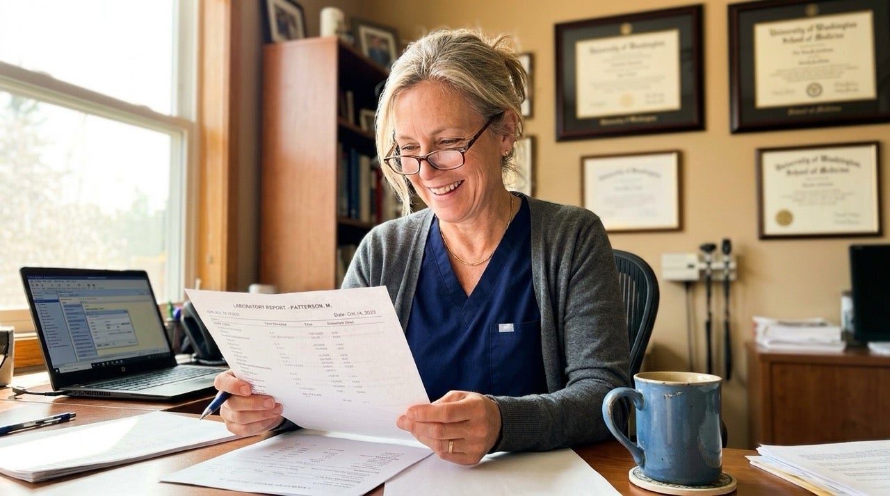 Doctor reviewing patient lab results at desk with medical credentials on wall
