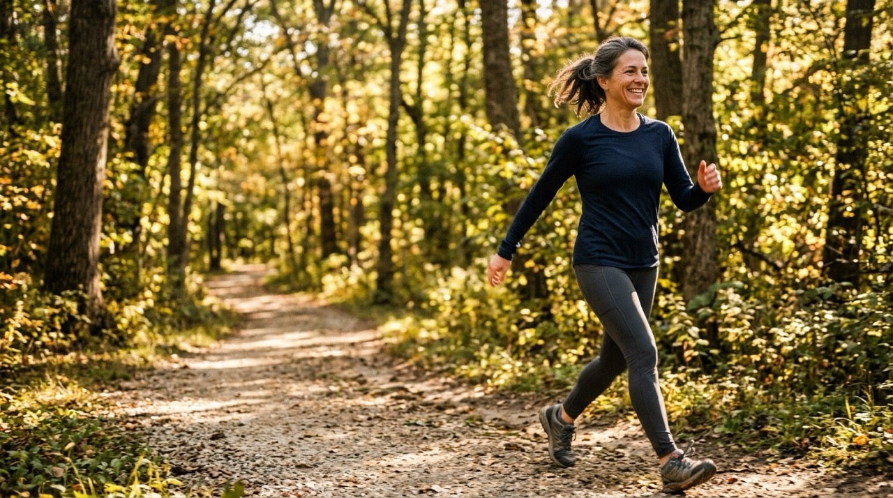 Active woman jogging on forest trail in morning sunlight