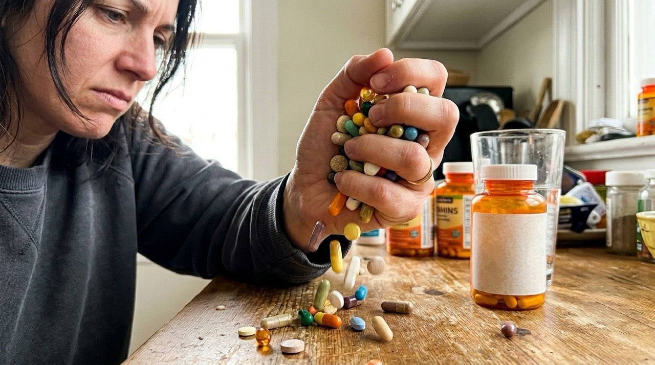 Woman looking at handful of supplement pills spread across table