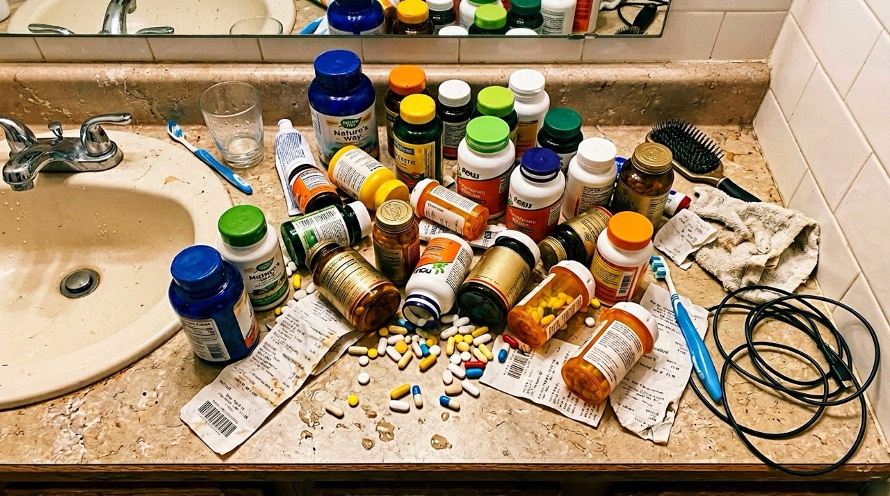 Bathroom counter cluttered with dozens of supplement bottles and scattered pills