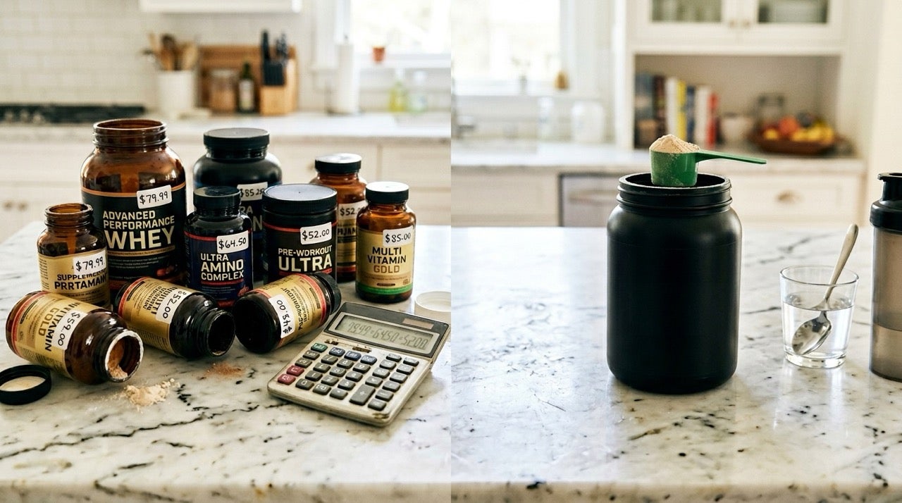 Side-by-side comparison of expensive supplement bottles versus single IM8 container with calculator