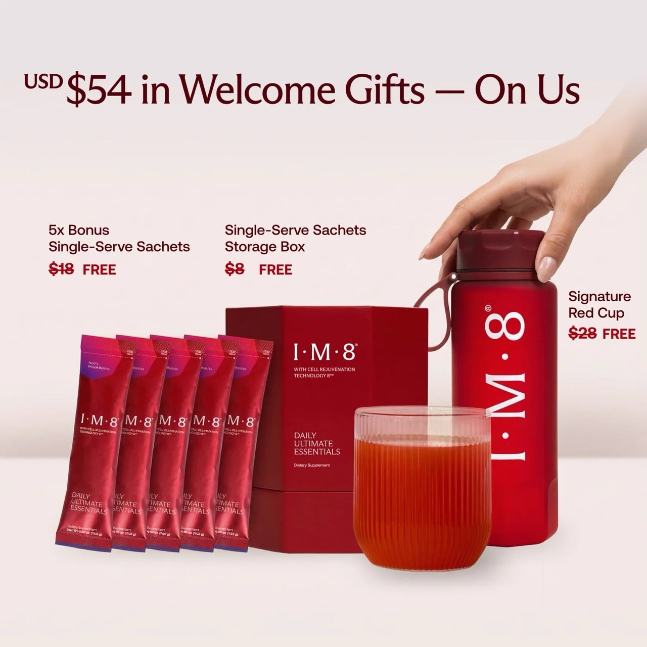 IM8 Daily Ultimate Essentials Pro supplement with welcome gifts worth $54
