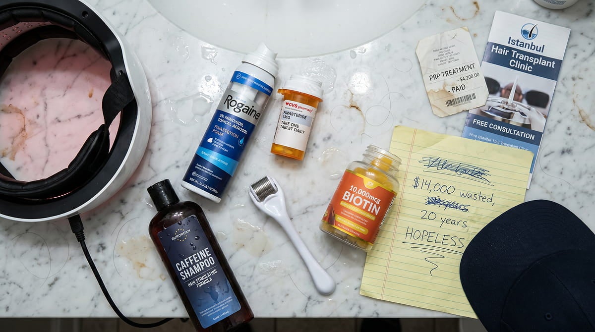 The pile of failed hair loss products I tried over 20 years