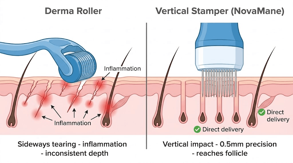 Microneedling roller versus vertical stamper: jagged angled channels vs clean perpendicular channels reaching the follicle bulb